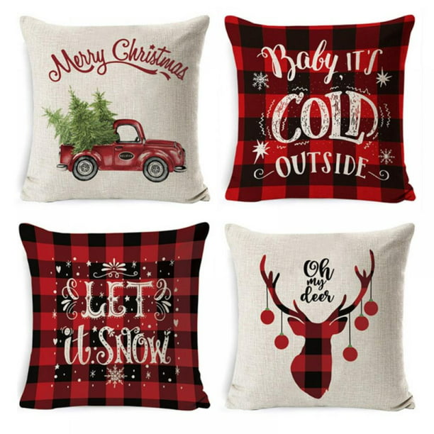Linen Jovitec 4 Pieces Merry Christmas Winter Throw Pillow Case Buffalo Plaids Xmas Cushion Covers for Couch Sofa 18 x 18 Inch 